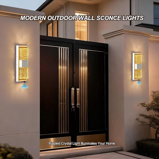 Dusk to Dawn Outdoor Lighting,Exterior Lighting Fixtures IP65 Waterproof Porch Lights Outdoor 12W LED Crystal Modern Outside Wall Sconce for Porch Hallway Doorway Patio,14.2'' White&Gold