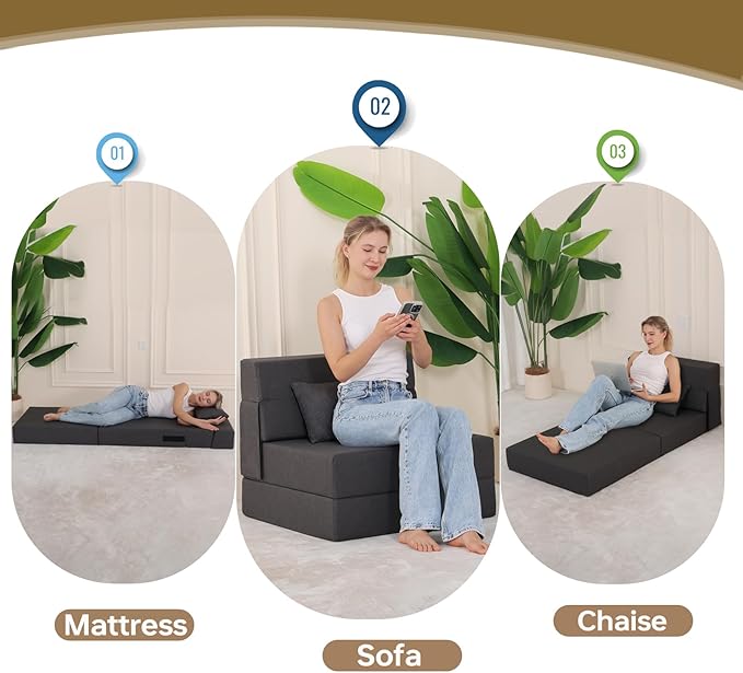 Fvkind Folding Sofa Bed, Foldable Sleeper Chair with Pillow, Convertible Fold Out Chair Bed with Washable Cover, Foldable Mattress for Living Room, Bedroom, Guest Room, Single Size, Dark Grey
