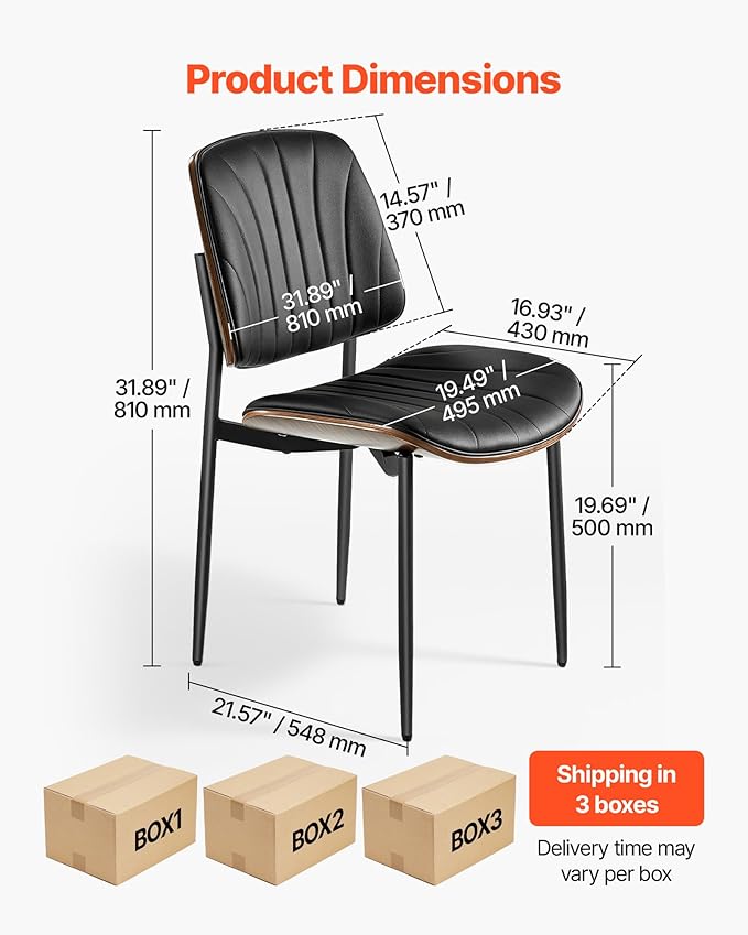 VEVOR Modern Dining Room Accent Chairs Set of 6, Upholstered Leather Side Chair for Dining Room, Space-Saving Kitchen Chair with Thick Cushions and Metal Legs, Black