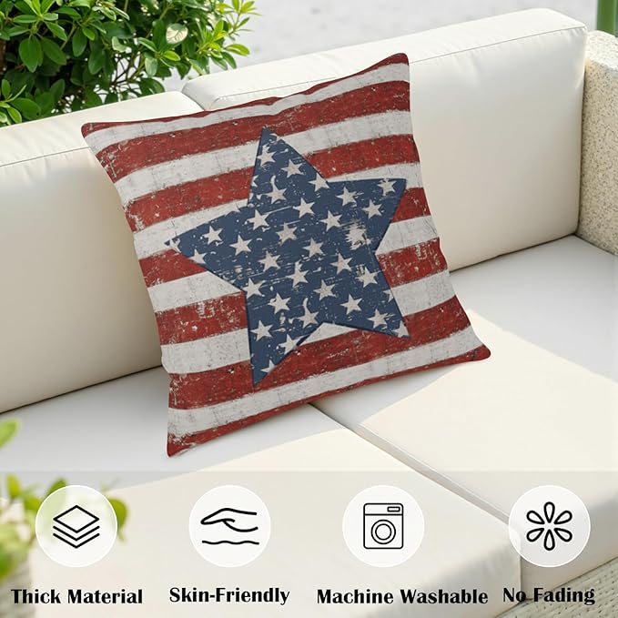 Vintage American Flag Star Pillow Covers 16x16 Set of 2 Red White Stripes Patriotic Outdoor Throw Pillows Covers 4th of July Independence Memorial Day Cushion Case for Home Couch Sofa Decor