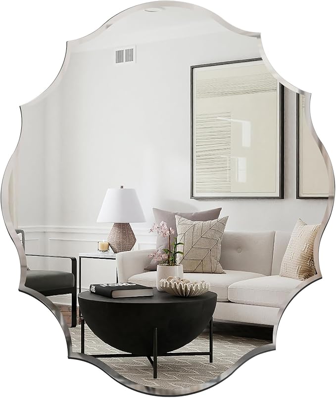 Muzilife 24x31 Frameless Oval Wall Mirror Beveled Scalloped Mirror Silver Wall Mirror with MDF Backplane Over Bathroom Sink for Vanity, Bedroom or Any Other Room in Your Home