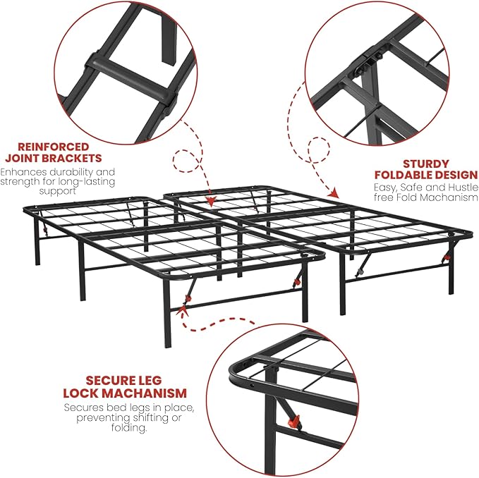 Golden Gate Beds Foldable Metal Bed Frame – Sturdy Metal Platform, No Box Spring Needed, Portable & Collapsible, Heavy Duty, Tool-Free Setup, Noise-Free, Under Bed Storage – Queen Size (Black)