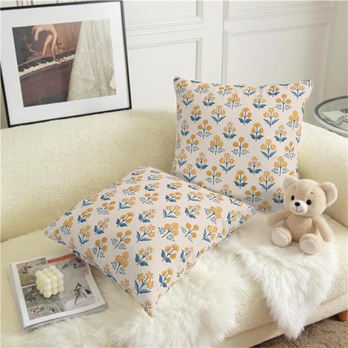 Blue Yellow Block Print Pillow Covers 22x22 Set of 2 Vintage Boho Floral Throw Pillows Case Spring Summer Rustic Outdoor Pillowcases Modern Farmhouse Home Decor for Couch Sofa Living Room