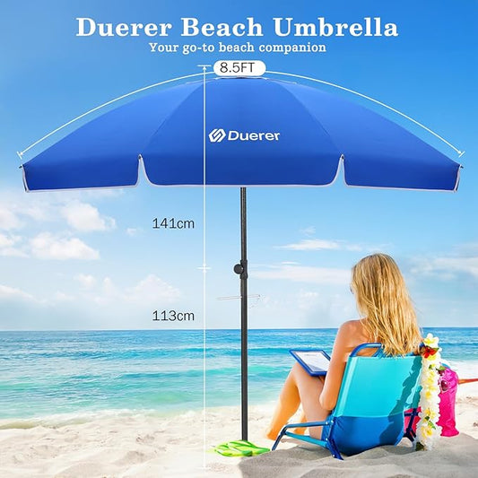 Duerer 8.5FT Beach Umbrella with Sand Anchor–Heavy Duty Wind Resistant UPF 50+ Sun Shade, Portable Travel Beach Umbrella with Tilt & Carry Bag for Beach, Sand, Garden, Patio, Pool (Navy Blue)