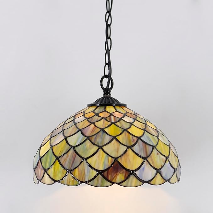 Tiffany Pendant Light Plug in 12 Inch Brown Fish Scales Stained Glass Hanging Lamp with Chain 33 Inch, Cord 15 Feet