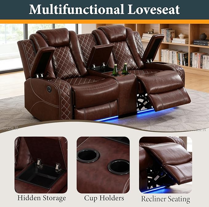 Power Recliner Sectional Sofa Set, Brown Leather Sectional Couch and Loveseat for Living Room, L Shape Reclining Sofa with Cup Holder, Hidden Storage, Coffee Table for House(8 Seat)