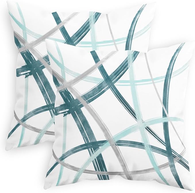 CaliTime Throw Pillow Cases Pack of 2 Cozy Fleece Arc-Shaped Abstract Geometric Lines Decorative Cushion Covers for Couch Bed Sofa Farmhouse Decoration 26 X 26 Inches Teal Turquoise Grey