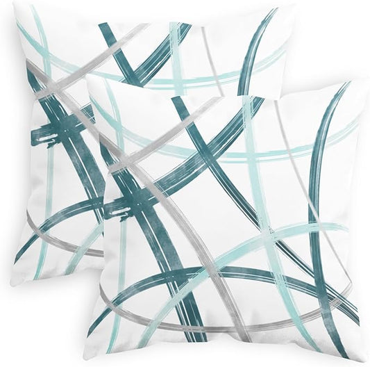 CaliTime Throw Pillow Cases Pack of 2 Cozy Fleece Arc-Shaped Abstract Geometric Lines Decorative Cushion Covers for Couch Bed Sofa Farmhouse Decoration 22 X 22 Inches Teal Turquoise Grey