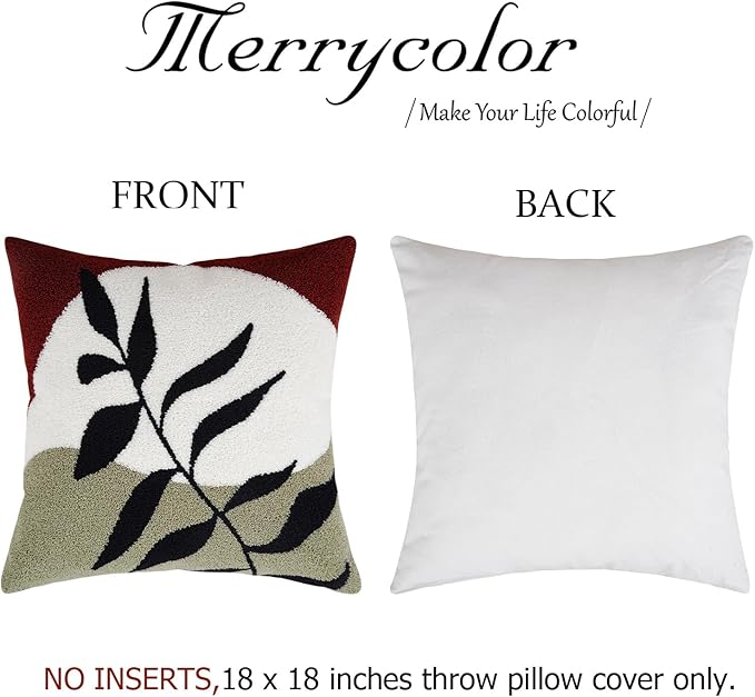Merrycolor Boho Decorative Throw Pillow Covers 18x18 Tufted Green Decorative Pillows Covers Sun Leaf Mid Century Modern Throw Pillows for Bed Couch Sofa Living Room 1PC(Black and Red)