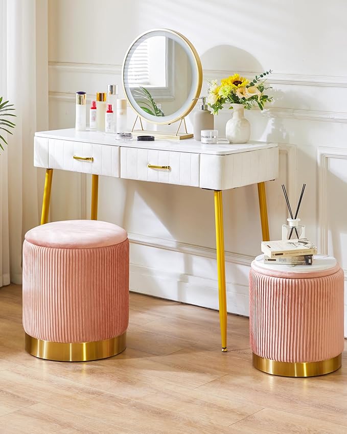 IBUYKE Round Storage Ottoman Set of 2 Ottoman for Dorm Vanity Stool with Storage Velvet FootStools End Table Boucle Ottoman for Home Organization Pink UWBD016P