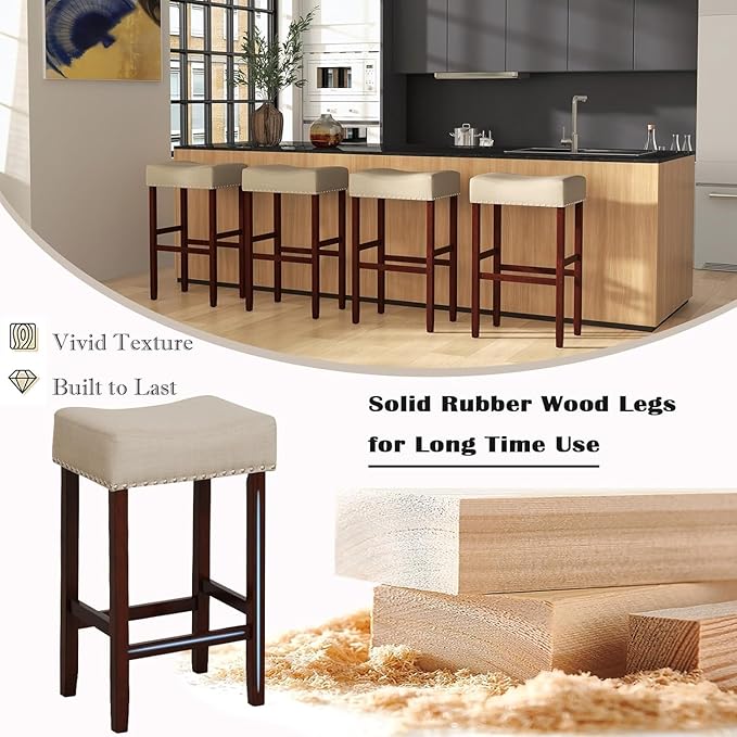 ERGOMASTER Bar Stools, 29 Inch Modern Saddle Stools, Rubber Wood, Khaki/Brown, Set of 4