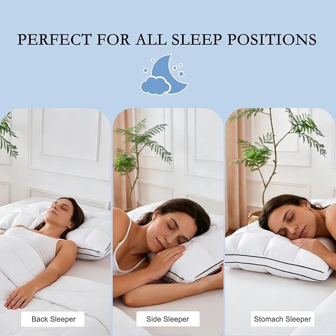 YOUR MOON Soft Support Pillow Queen Size, 100% Cotton Cover Noiseless Pillows, Fluffy Down-Alternative Pillow for Sleeping, Luxury Hotel Bed Pillows for Side Sleepers (White)