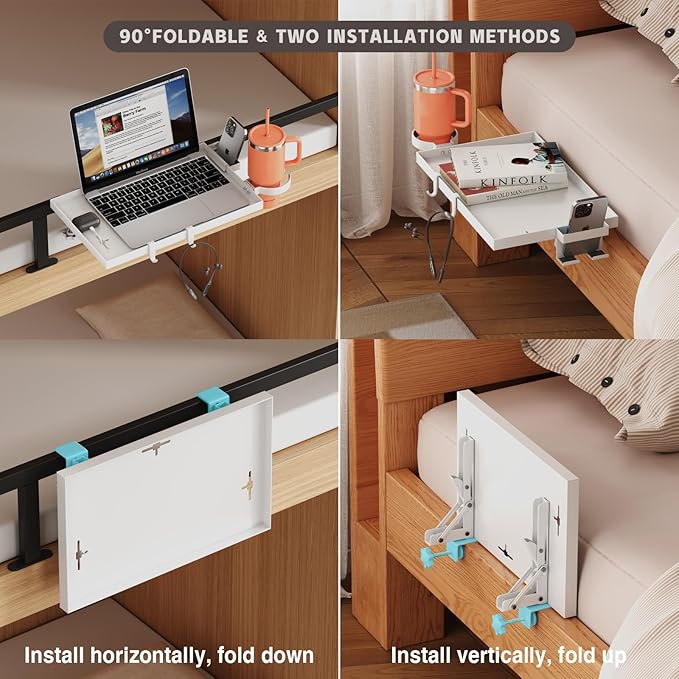 Bedside Shelf Foldable, Metal Clip-On Bed Shelf for Top Bunk Heavy Duty Bed Side Table Tray for College Dorm Essentials, Loft Nightstand Organizer Tray with Removable Cup & Phone Holder(White)