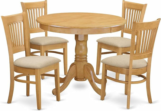 East West Furniture ANVA5-OAK-C 5 Piece Dining Room Furniture Set Includes a Round Dining Table with Pedestal and 4 Linen Fabric Upholstered Chairs, 36x36 Inch, Oak