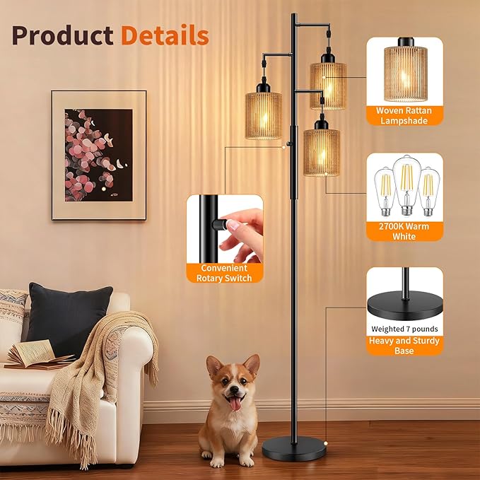 Hotsonic 72" Rattan Boho Floor Lamp, Tall Dimmable Standing Lamp with Handcrafted Brown Shade, Industrial Tree Floor Lamps for Living Room, Bedroom, Study Room, Office (3 x 800LM Bulbs Included)-Black