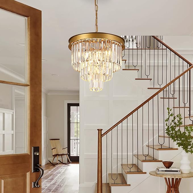 AXILIXI Gold Crystal Chandeliers 16” Modern Ceiling Pendant Light Fixture for Dining Room Dimmable Small Flush Mount Chandeliers Round for Foyer Kitchen Island Entryway