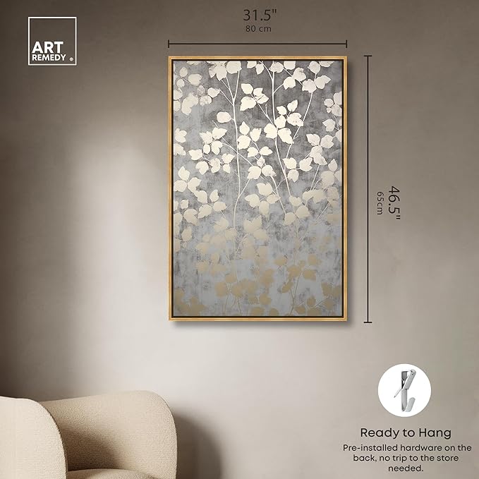 Art Remedy Silvery Gray Garden Canvas Elegant Floral Wall Art, Gold Frame, 30" x 45"