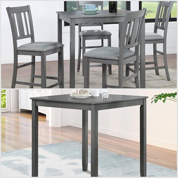Dining Table for 4, Wooden Square Kitchen Table with Natural Woodgrain Finish, 36" H MDF Modern Dining Table with Solid Wood Tapered Legs and Rounded Corners, Easy Assembly, Gray