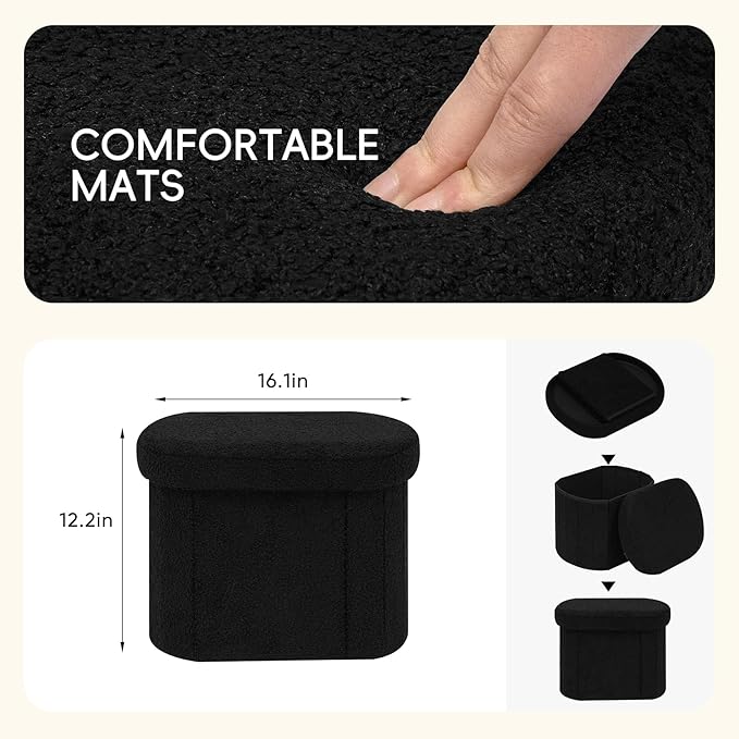 PINPLUS Storage Ottoman Boulce Tufted Oval Small Ottomans Bench Foot Rest with Storage 16.1"x12.2"x12.2" (Black)
