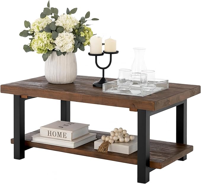 Alaterre Furniture Pomona Living Room Collection – 42 Inch Rectangular Solid Wood Coffee Table with Storage Shelf & Metal Legs – Rustic Industrial Farmhouse Living Room Table (Rustic Brown)