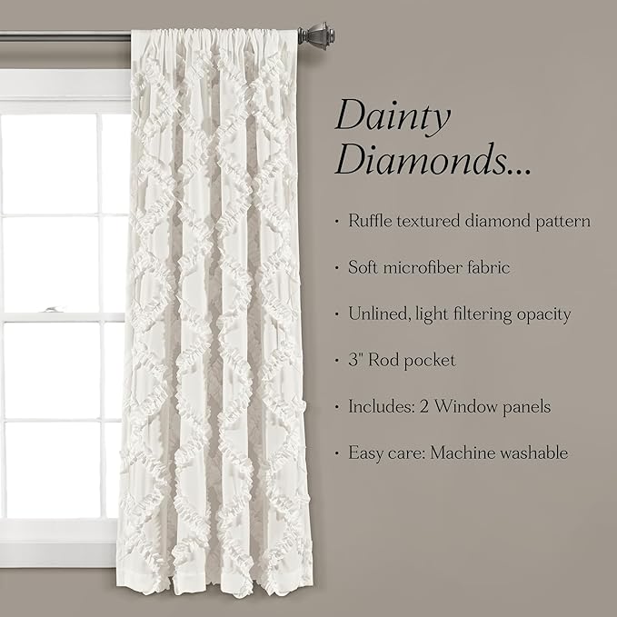 Lush Decor Ruffle Diamond Window Curtain Panel Pair, 63 in x 54 in, White