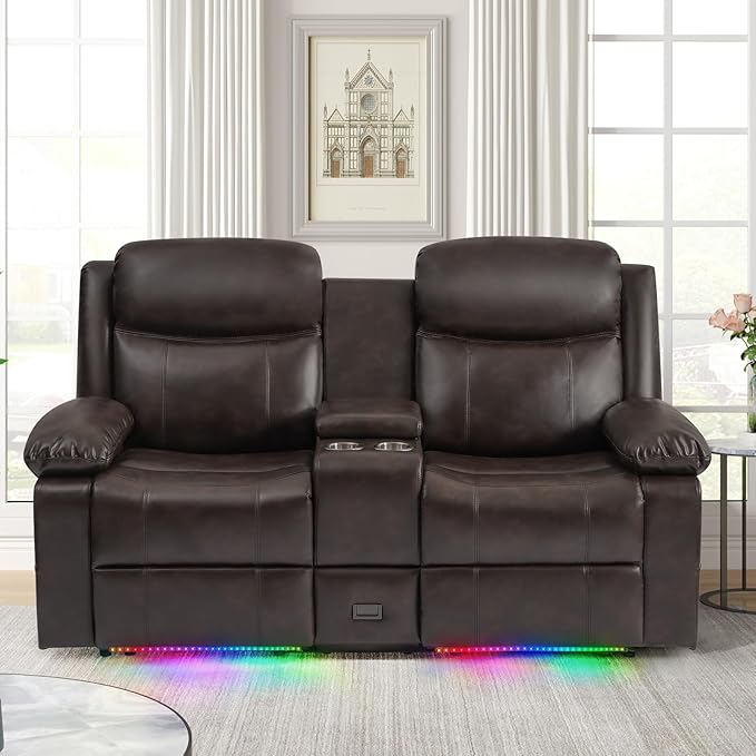 Power Loveseat Recliner Sofa with Console, Electric Reclining Couch with Colorful Light/Storage/USB/Type C, RV Wall Hugger Recliners Loveseat for Living Room & Home Theater & RV