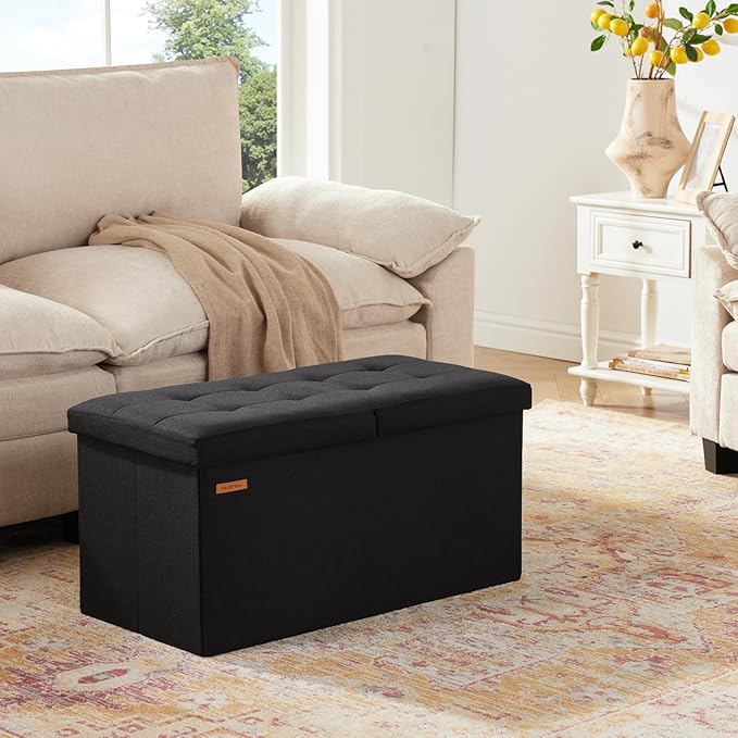 HAUSFRAU - Storage Ottoman Bench, 30 Inches Button Tufted Upholstered Ottoman Footstool with Storage for Living Room Bedroom Entryway, Load 660 lb, Linen Black