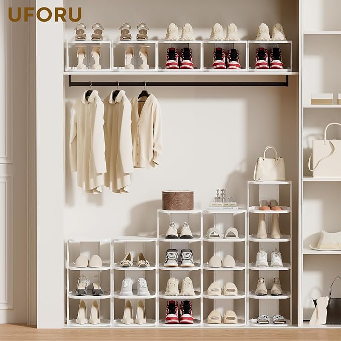Vertical Shoe Rack, 9-Tier Plastic Stackable Storage Shelf for Small Closets and Narrow Spaces, Compact Free Standing Shoe Racks for Entryway Bedroom Dormitory
