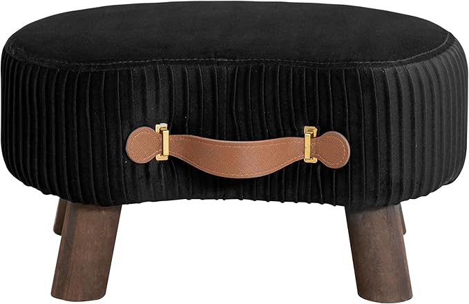 LUE BONA Small Curved Foot Stool with Handle, Black Velvet Footstool and Ottomans, Modern Foot Rest with Wooden Legs, Step Stool with Padded Seat for Couch, Living Room