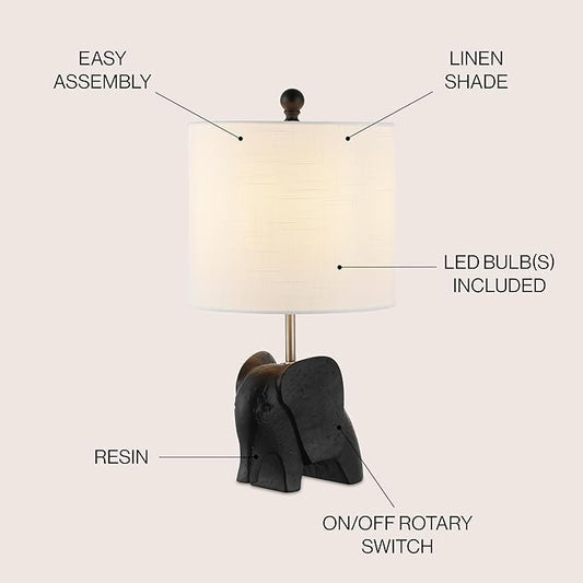 JONATHAN Y 17.5" Black Elephant Kids Table Lamp, Whimsical Resin Bedside Lamp with White Linen Drum Shade for Bedroom Playroom Nursery, LED Bulb Included, UL Listed JYL1143A