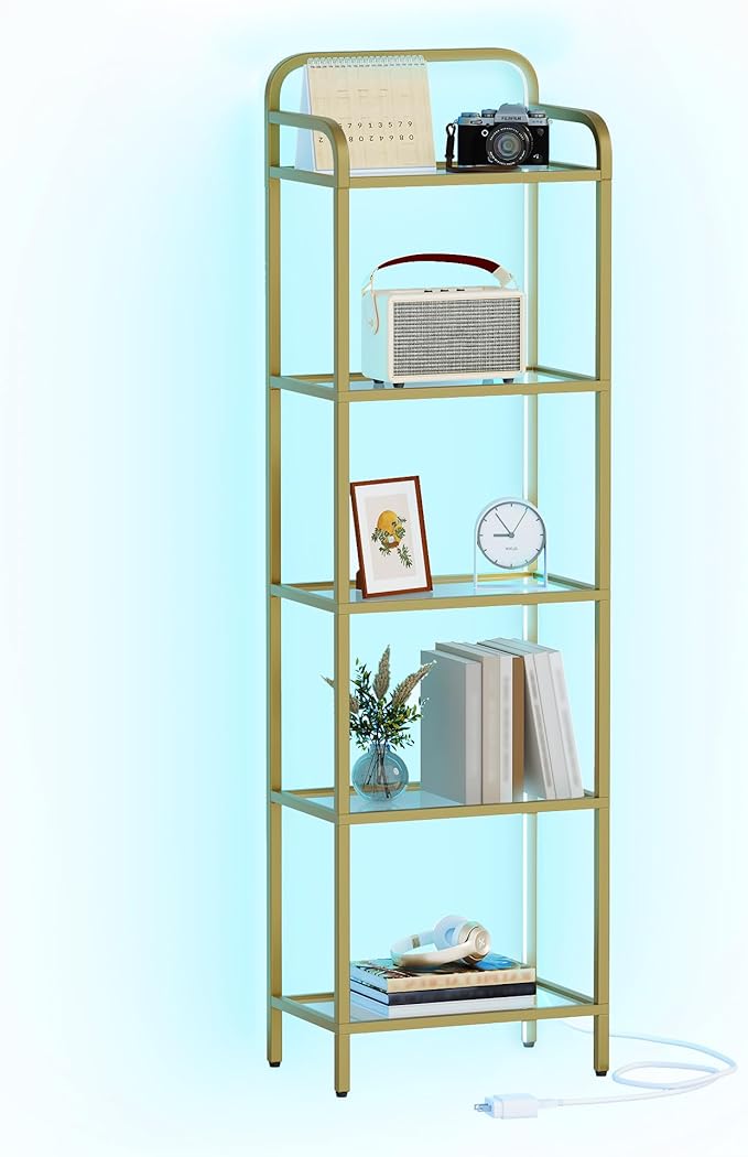 Bookshelf, Tall Narrow Bookcase with LED Lights, Tempered Glass Bookshelves with Steel Frame, Display Shelf, Slim Shelving Unit for Living Room, Bedroom, 9.6"D x 15.4"W x 55.9"H Gold BC34599G
