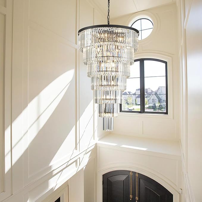 Large Long Black Crystal Chandelier, 47-inch Height, 7-Tier Modern Round Light Fixtures for Entryway, Foyer