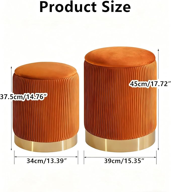 IBUYKE Round Storage Ottoman Set of 2 Ottoman for Dorm Vanity Stool with Storage Velvet FootStools End Table Boucle Ottoman for Home Organization Orange UWBD016J