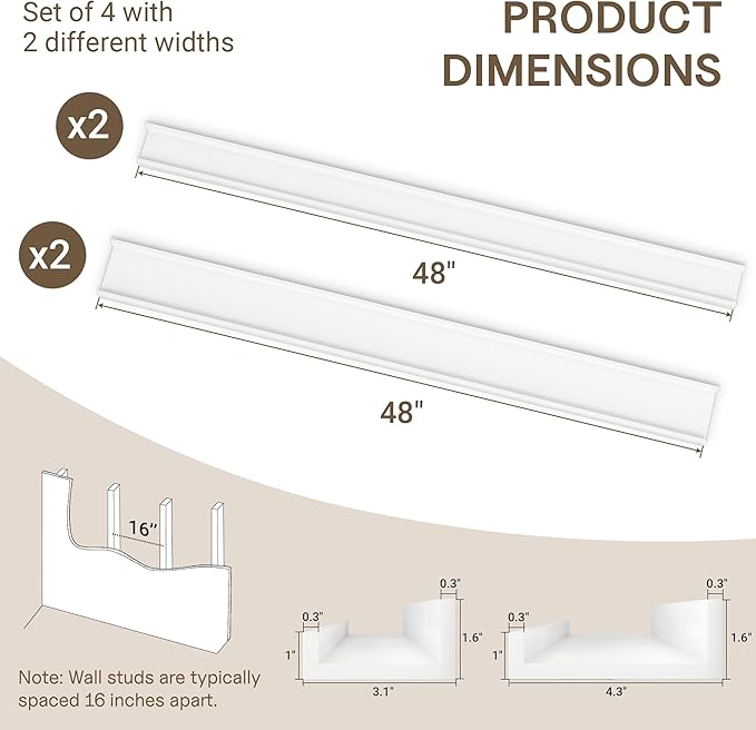 Fun Memories Picture Ledge Shelves Set of 4-48 Inch Shelves with Lip - Large Nursery Bookshelf for Storage - Floating Shelf Wall Mounted for Living Room - Bedroom -Kitchen - White Color