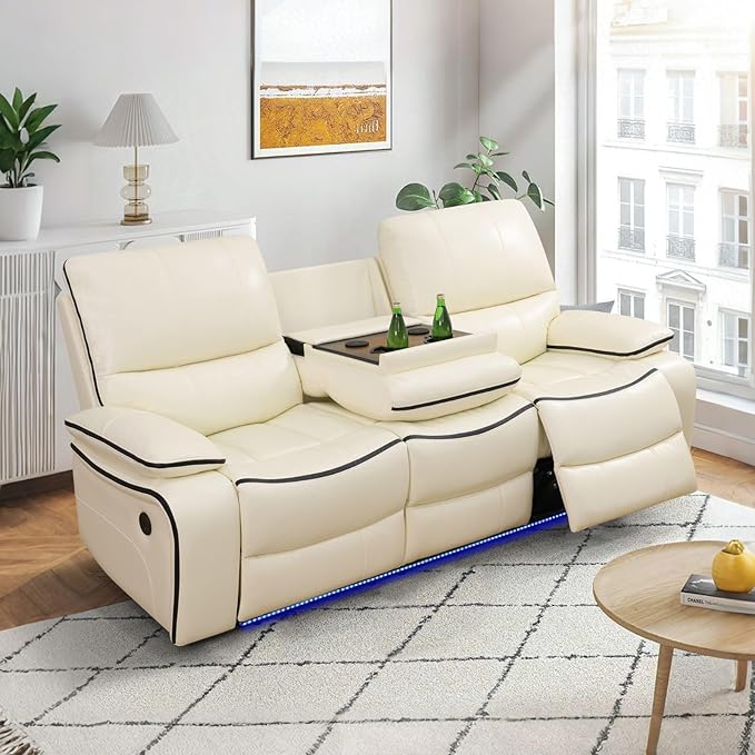 Power Recliner Sofa for Living Room, Air Leather Reclining Sofa 3 Seat with Flip-Down Middle Backrest, LED Lighting, USB Charging Port (Off White)
