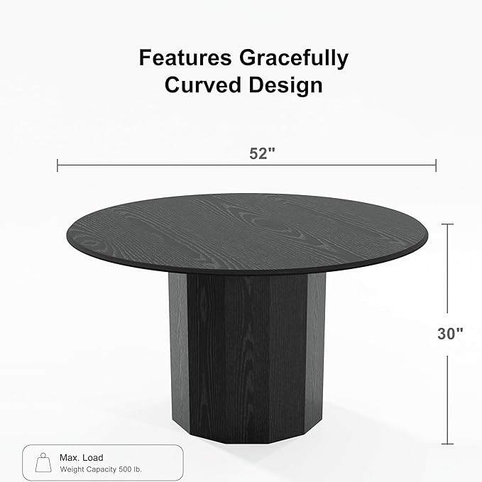 Casaphoria 52" Round Dining Table, Modern Wood Kitchen Table with Cylinder Polygonal Base for Living Room & Dining Room, Easy Assembly Farmhouse Furniture for 4-6, Black