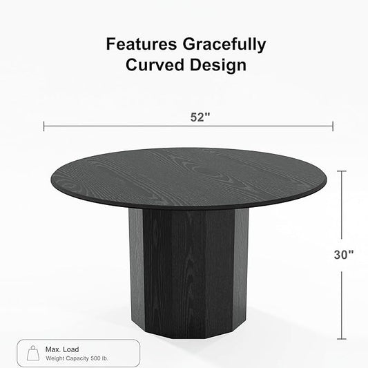 Casaphoria 52" Round Dining Table, Modern Wood Kitchen Table with Cylinder Polygonal Base for Living Room & Dining Room, Easy Assembly Farmhouse Furniture for 4-6, Black