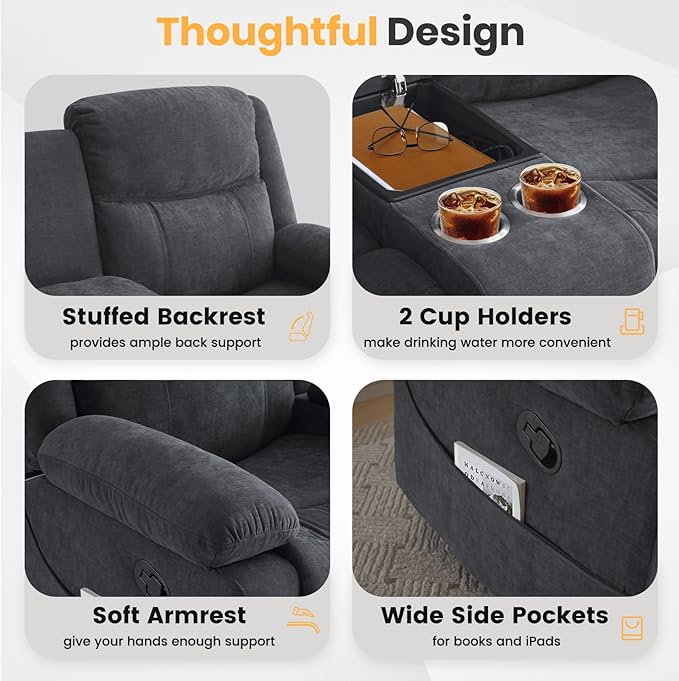 Loveseat Recliner Sofa with Massage & Heating, Reclining Loveseat with Console, RV Wall Hugger Double Loveseat Recliner Couch for Living Room & Home Theater (Chenille-Grey)