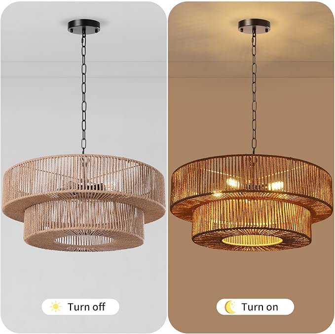 LamQee 22 Inch Farmhouse Rattan Chandeliers, 5 Lights Boho Chandelier Light Fixture with Hand Woven Wicker Shade, Large Rattan Pendant Lights Ceiling Hanging Lighting for Dining Room Kitchen Island