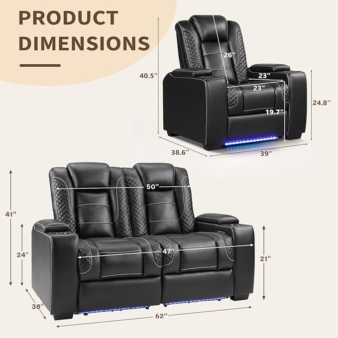 ANJ Power Reclining Loveseat, 2-Seater Electric Recliner Sofa with LED Lights, USB Charging & Cup Holders, Faux Leather Living Room Furniture for Home Theater, Small Spaces & RV (Black)