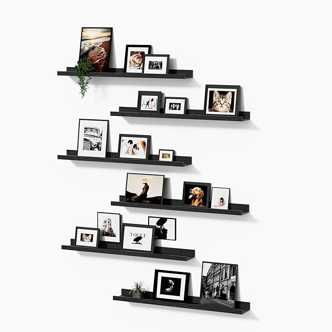 Wall Shelves for Living Room, Nursery Book Shelves Black Bathroom Shelves Over Toilet Floating Shelves for Wall, Modern Wood Storage for Bedroom, Kid's Room, Kitchen, 36inch, Set of 6