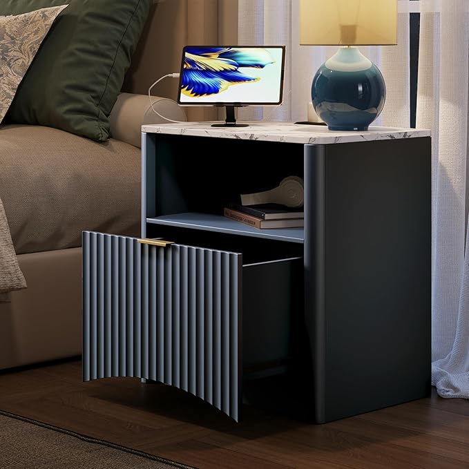 Evermagin Fluted Nightstand with Charging Station, Navy Blue Bedside Table with Drawer and Storage, Wood End Table Mid Century Modern, Large Night Stand for Bedroom
