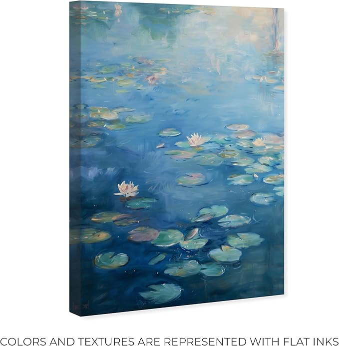 Art Remedy Lilypads In Blues Gallery Wrapped Impressionism 1 Piece Canvas Wall Art/Monet And Van Gogh Inspired Art, 24" x 36", Gallery Wrapped