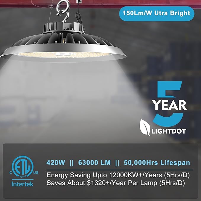 420W LED High Bay Light 5000K Daylight UFO Commercial Bay Light AC100-277V, 63000LM (1680W MH/HPS) High Bay LED Shop Lights with Plug and US Hook-4Pack