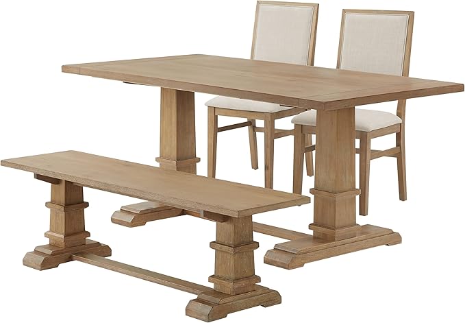 Crosley Furniture Joanna 4-Piece Modern Farmhouse Dining Table Set for 5 with 2 Upholstered Chairs and a Wood Bench, Rustic Brown/Creme