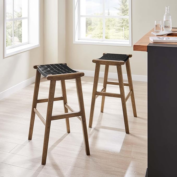 Modway Saoirse Faux Leather Wood Bar Stool - Set of 2 in Walnut Black
