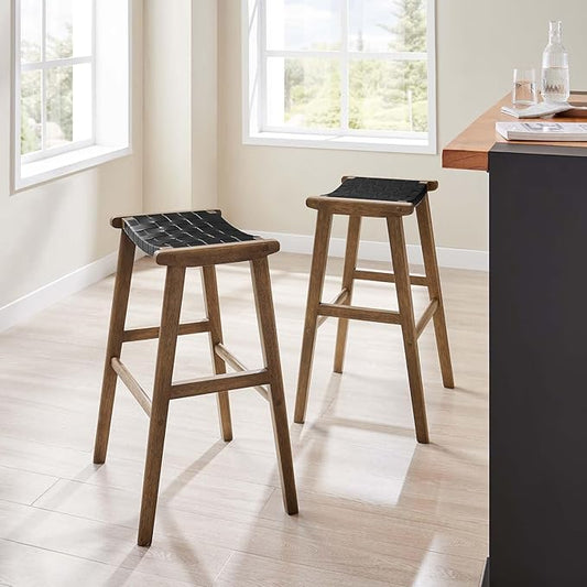 Modway Saoirse Faux Leather Wood Bar Stool - Set of 2 in Walnut Black