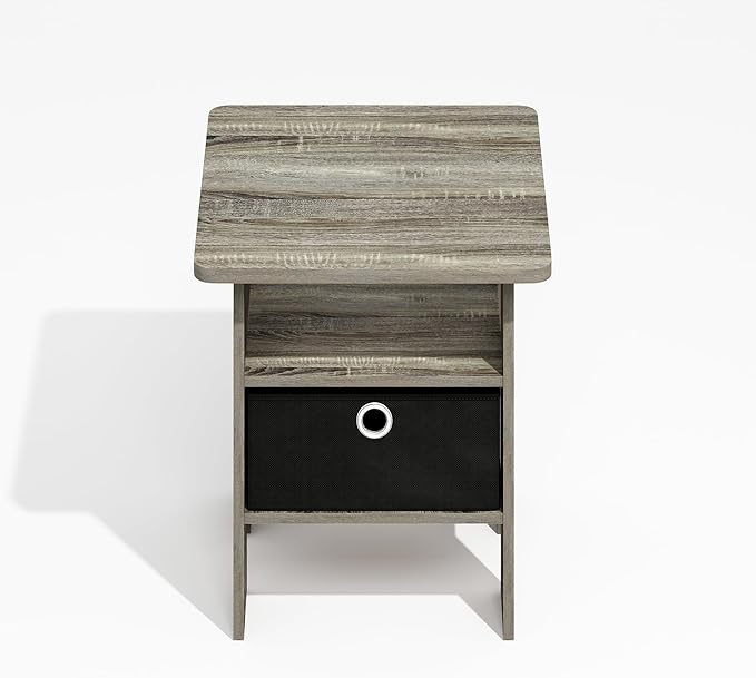 Furinno Modern Side Table, Square Top End Table with Storage Bin, Night Stand, Bedside Table with Storage Shelf, for Living Room, Bedroom, Grey Oak