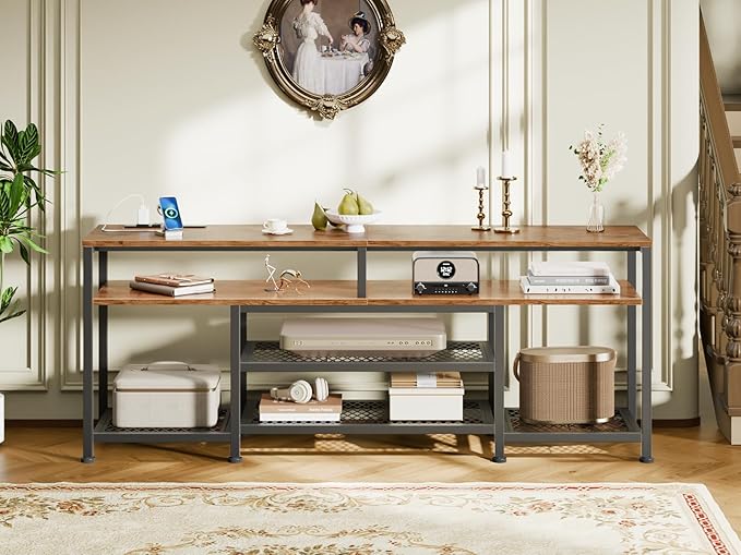 Furologee TV Stand with Power Outlets and LED Lights, 55 Inch Entertainment Center for 55 60 Inch TVs, Media Console Table with Open Shelves, for Bedroom, Living Room, Rustic Brown