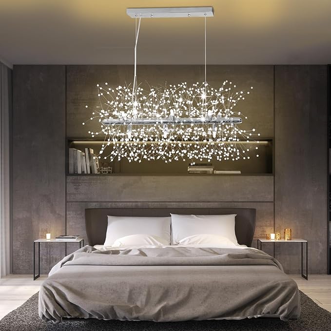 Depuley 27.5" Modern Silver Crystal Firework Chandelier, 9-Light Crystal Light Fixture Hanging, Linear Dandelion Chandelier, Sputnik Ceiling Pendant Light Fixtures for Dining Room(G9 Bulbs Included)